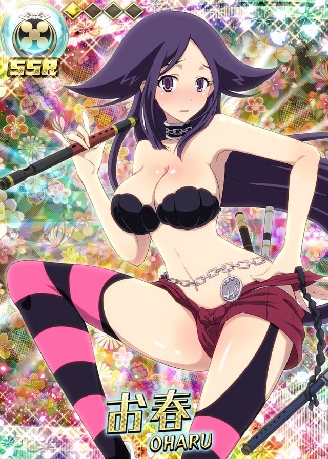 armpits artist_request bandeau bare_shoulders belly_chain blush bra breasts chain cleavage collar collarbone detached_collar flute garter_straps hakama_pants hand_on_hip head_tilt instrument jewelry large_breasts looking_at_viewer mushibugyou oharu_(mushibugyou) purple_eyes purple_hair striped striped_legwear thighhighs underwear