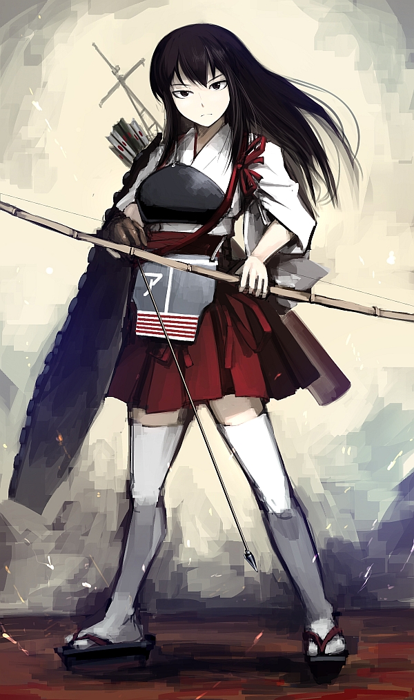 akagi_(kantai_collection) archery arrow bow_(weapon) gloves hakama hetza_(hellshock) japanese_clothes kantai_collection kyuudou long_hair looking_at_viewer muneate partly_fingerless_gloves pleated_skirt quiver red_hakama skirt solo thighhighs weapon yugake