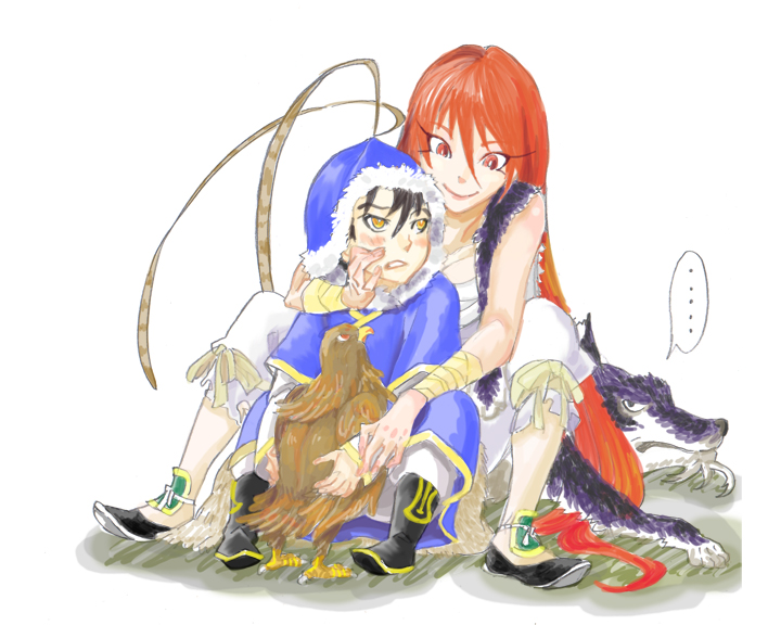 1girl bird hawk long_hair naoayatugu red_eyes red_hair shut_hell shut_hell_(character) wolf yaralt yellow_eyes yurul