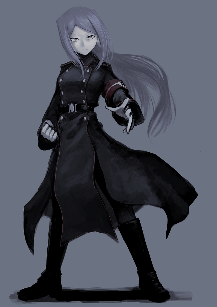 armband belt boots clenched_hand coat expressionless gloves grey_eyes hetza_(hellshock) long_hair nazi silver_hair simple_background solo swastika white_gloves