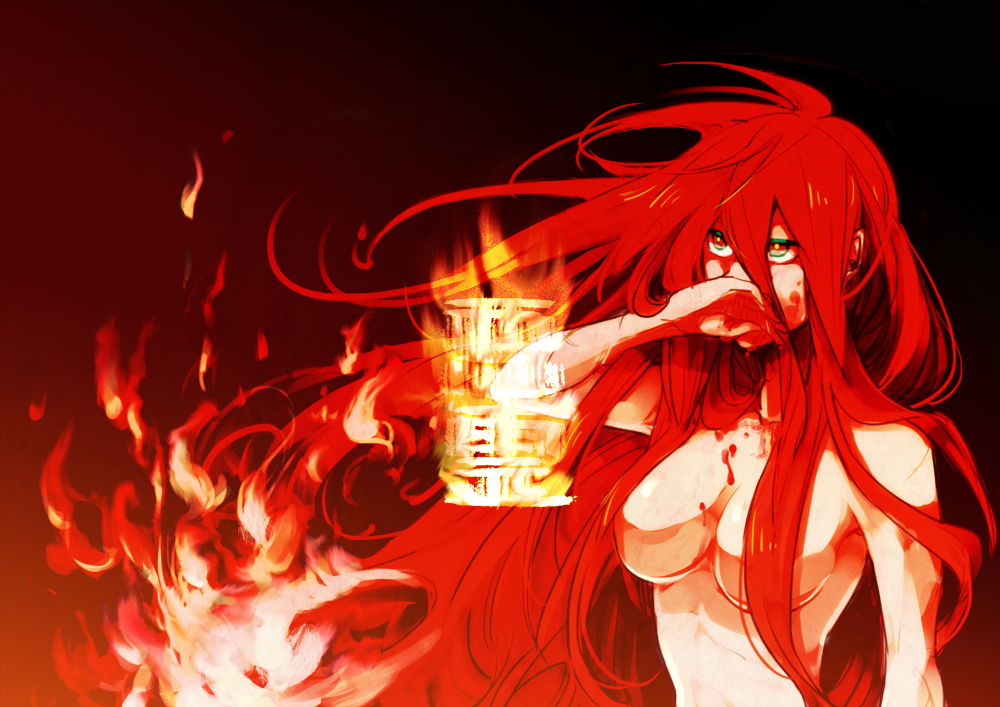 blood fire fur gime hair_censor hair_over_breasts long_hair no_bra red_hair shut_hell shut_hell_(character) sign solo symbol