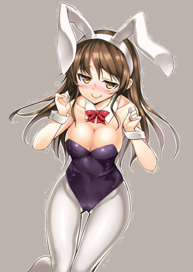 alternate_costume animal_ears ashigara_(kantai_collection) bare_shoulders blush bow bowtie breasts brown_eyes brown_hair bunny_ears bunnysuit cleavage detached_collar embarrassed fake_animal_ears hairband kantai_collection large_breasts long_hair looking_at_viewer pantyhose simple_background smile solo tel trembling white_legwear wrist_cuffs