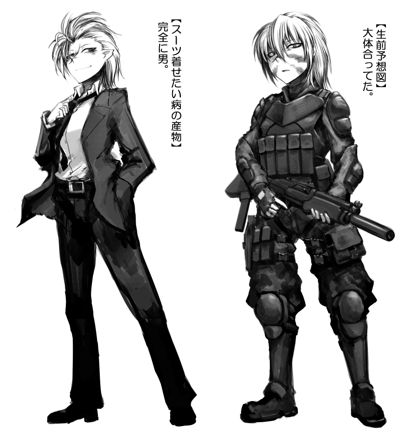 armor assault_rifle boots facepaint formal full_body greyscale gun hands_in_pockets hetza_(hellshock) kifa_(hetza) knee_pads load_bearing_vest looking_at_viewer monochrome multiple_girls nagai_gojitsudan_no_nechronica necktie pant_suit pointy_ears ponytail pouch rifle short_hair simple_background snap-fit_buckle suit trigger_discipline weapon white_background