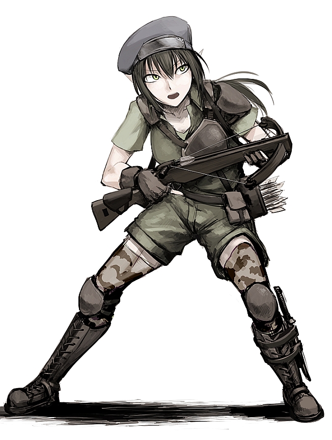 arrow beret black_hair bow_(weapon) breastplate crossbow green_eyes hat hetza_(hellshock) knee_pads knife long_hair pointy_ears shorts simple_background solo thighhighs weapon white_background