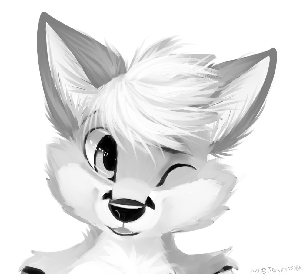 anthro blinking canine cute fox fur greyscale hair jamesfoxbr looking_at_viewer male mammal monochrome monocrhome one_eye_closed open_mouth plain_background sketch smile solo teeth wink