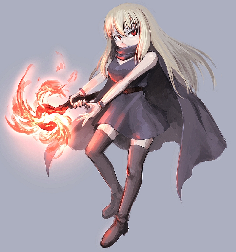 belt blonde_hair boots bracer cape dress fire hetza_(hellshock) long_hair looking_at_viewer magic red_eyes scarf simple_background solo staff thigh_boots thighhighs