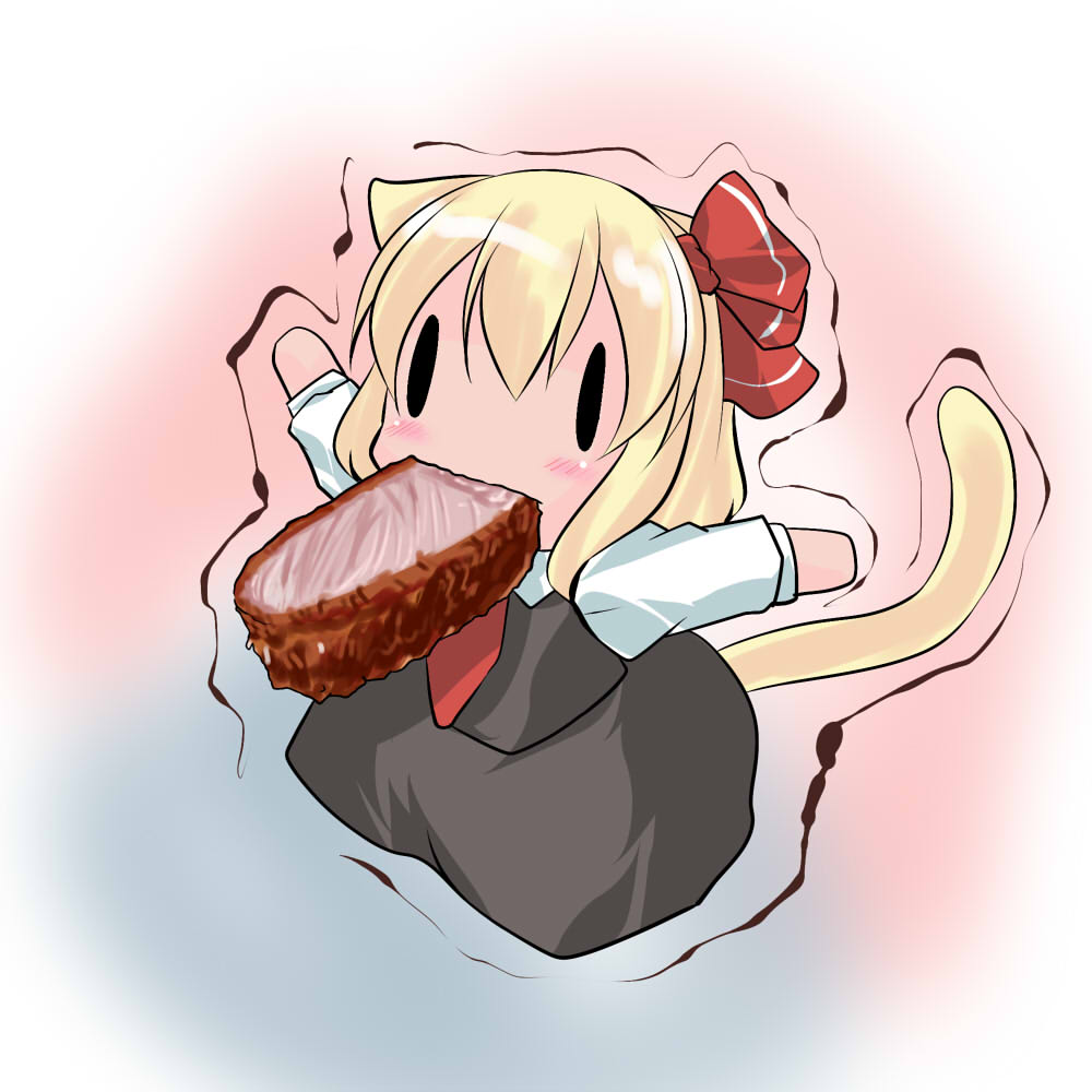 animal_ears blush cat_ears cat_tail chibi food food_in_mouth hair_ribbon hoshizuki_(seigetsu) meat mouth_hold necktie outstretched_arms purumia ribbon rumia skirt skirt_set solo tail touhou trembling |_|