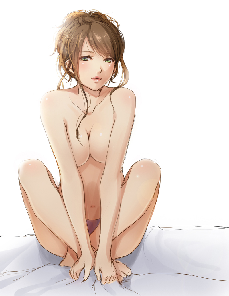 barefoot bed breasts brown_hair covering covering_breasts full_body green_eyes large_breasts lips long_hair looking_at_viewer mondi navel original panties simple_background solo topless underwear