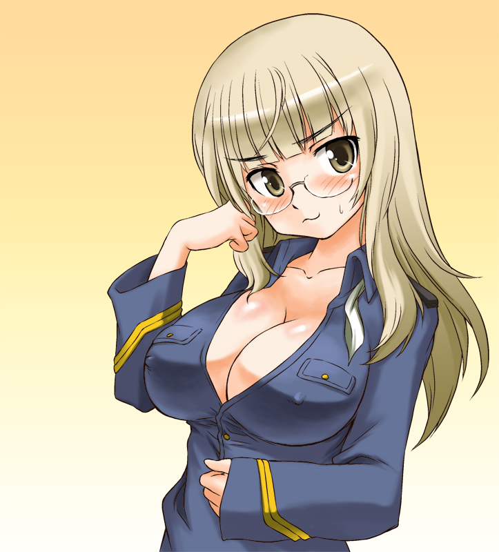 alternate_breast_size blonde_hair blush breasts cleavage covered_nipples glasses large_breasts long_hair looking_at_viewer military military_uniform mirutsu_(milts) perrine_h_clostermann solo strike_witches uniform world_witches_series yellow_background yellow_eyes
