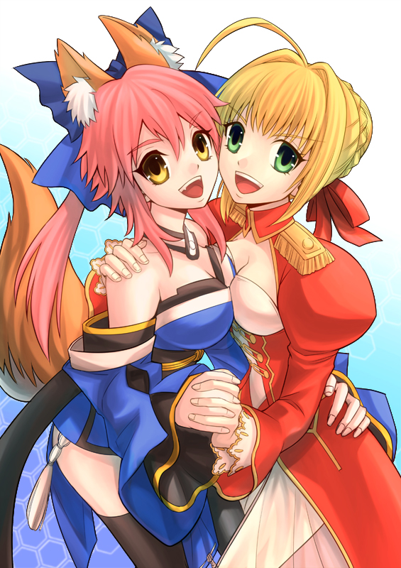 ahoge animal_ears bad_id bad_pixiv_id bare_shoulders blonde_hair bow breasts cleavage detached_sleeves dress fate/extra fate_(series) fox_ears fox_tail green_eyes hair_bow hair_ribbon interlocked_fingers japanese_clothes large_breasts medium_breasts multiple_girls nero_claudius_(fate) nero_claudius_(fate)_(all) pink_hair red_dress ribbon sanada_(teketo) tail tamamo_(fate)_(all) tamamo_no_mae_(fate) thighhighs twintails yellow_eyes