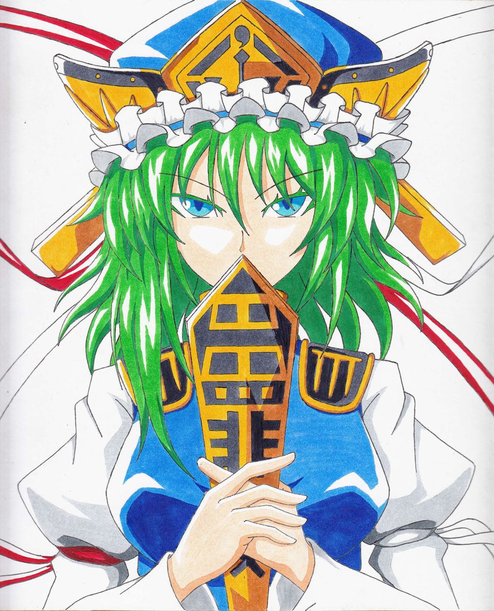 armband blue_eyes breasts colored_eyelashes covering_mouth epaulettes green_hair hands_together hat hat_ribbon highres long_sleeves looking_at_viewer medium_breasts puffy_sleeves ribbon rod_of_remorse shiki_eiki short_hair simple_background solo touhou trance_(imas7372) tsurime upper_body vest white_background