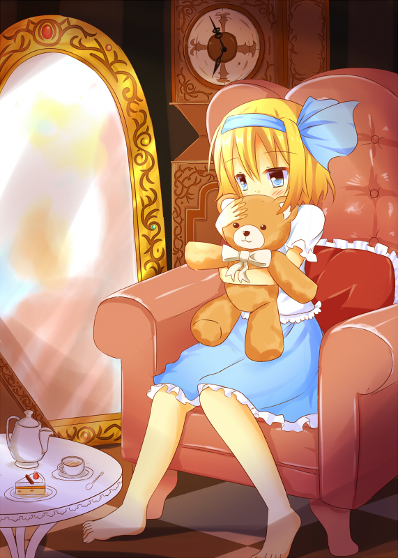alice_margatroid alice_margatroid_(pc-98) barefoot blonde_hair blue_eyes blue_hairband blush cake chair checkered checkered_floor clock cup food fork hair_ribbon hairband mirror ribbon short_hair sitting skirt solo stuffed_animal stuffed_toy suspenders table teacup teapot teddy_bear touhou touhou_(pc-98) umi_suzume