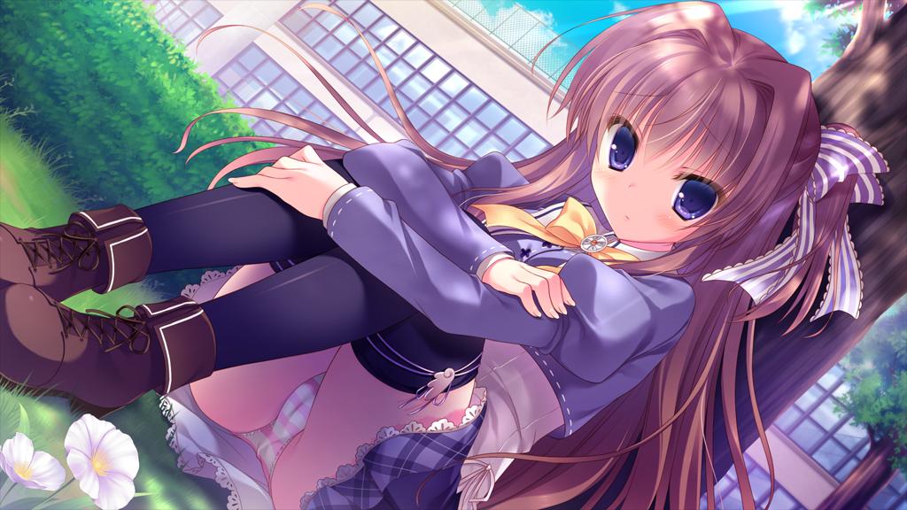 1girl azuse_matsuri bent_knees brown_hair game_cg kimi_e_okuru_sora_no_hana long_hair outdoors panties pantyshot pantyshot_(sitting) pantyshot_sitting school_uniform sitting skirt solo striped striped_panties thighhighs underwear yukie