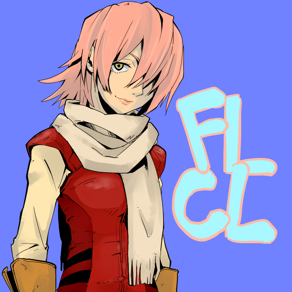 arms_at_sides bad_id bad_pixiv_id blue_background brown_gloves copyright_name ezo777 flcl gloves hair_over_one_eye haruhara_haruko looking_at_viewer pink_hair red_shirt scarf shirt short_hair simple_background solo standing white_scarf yellow_eyes