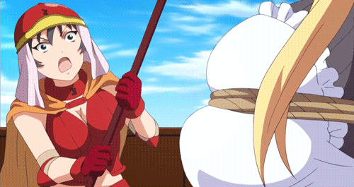 2girls animated animated_gif bdsm blonde_hair bondage bounce bouncing_breasts bound breasts cleavage covered_nipples erect_nipples large_breasts lowres multiple_girls queen's_blade queen's_blade rope ship shocked surprised