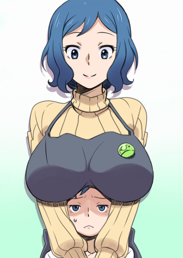 1girl :&lt; apron blue_eyes blue_hair breast_rest breasts breasts_on_head date_naoto gundam gundam_build_fighters haro_button_badge iori_rinko iori_sei large_breasts mature mother_and_son ribbed_sweater smile sweater turtleneck
