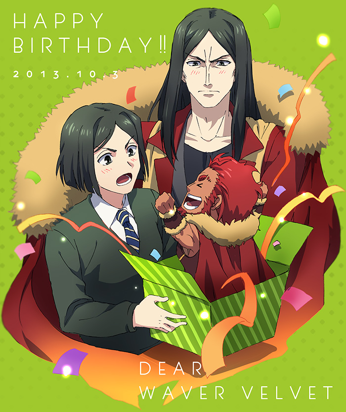 bad_id bad_pixiv_id black_eyes black_hair blush bob_cut cape chibi crayon25 dual_persona fate/stay_night fate/zero fate_(series) gift long_hair lord_el-melloi_ii male_focus multiple_boys older red_hair rider_(fate/zero) time_paradox waver_velvet younger