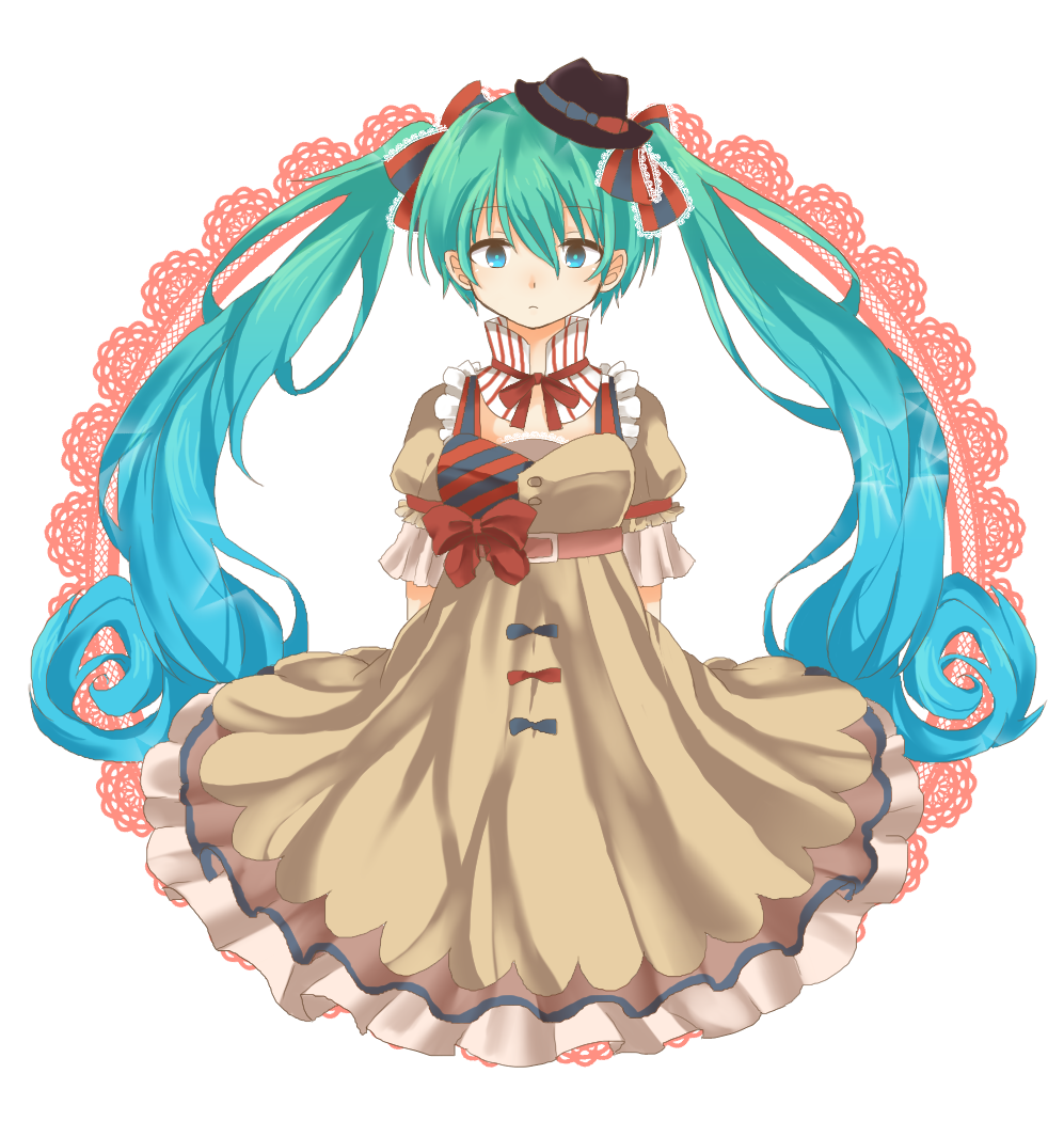 aqua_eyes aqua_hair bad_id bad_pixiv_id belt bow bowtie dress ennui_heiwa_miku green_hair hair_ribbon hat hatsune_miku long_hair looking_at_viewer ribbon solo suta_meteor twintails very_long_hair vocaloid