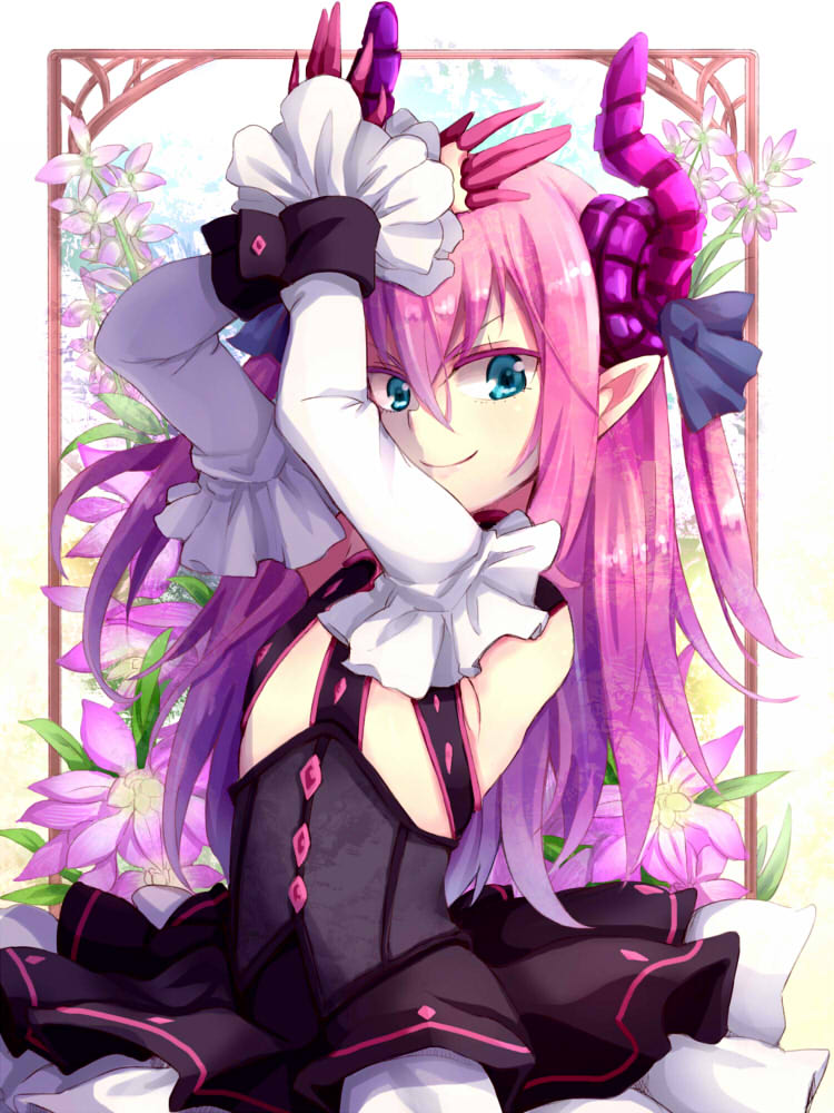 blue_eyes claws detached_sleeves dress elizabeth_bathory_(fate) elizabeth_bathory_(fate)_(all) fate/extra fate/extra_ccc fate_(series) flower horns long_hair pink_hair pointy_ears solo two_side_up yude