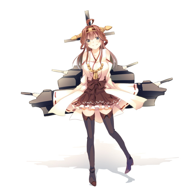 bad_id bad_pixiv_id bare_shoulders black_legwear blush boots brown_eyes brown_hair cannon detached_sleeves double_bun hair_ornament hairband headgear japanese_clothes kantai_collection kongou_(kantai_collection) long_hair nontraditional_miko ryousui_nao skirt smile solo thigh_boots thighhighs turret