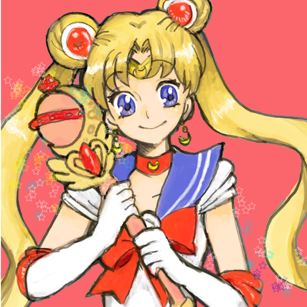 bishoujo_senshi_sailor_moon blonde_hair blue_eyes blue_sailor_collar bow chocolive choker cutie_moon_rod double_bun earrings elbow_gloves gloves holding holding_wand jewelry long_hair red_background red_bow red_choker sailor_collar sailor_moon sailor_senshi_uniform simple_background smile solo star tsukino_usagi twintails wand white_gloves