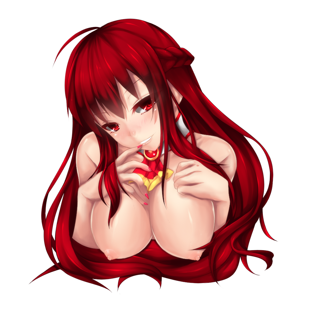 breasts elesis_(elsword) elsword fi-san grand_master_(elsword) large_breasts long_hair nipples red_eyes red_hair solo transparent_background