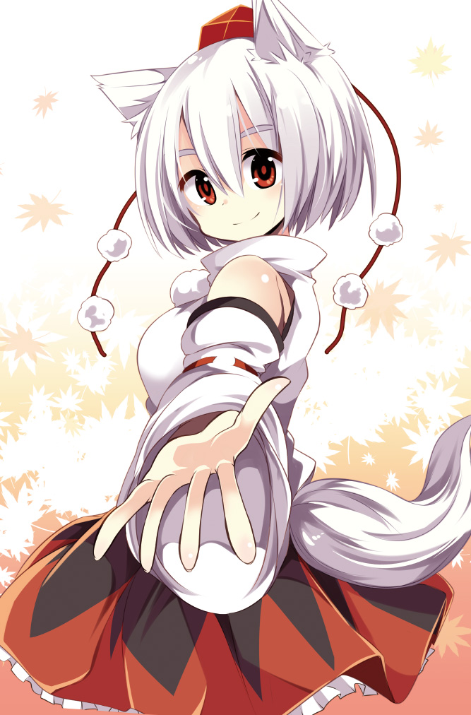 animal_ears bare_shoulders detached_sleeves hat inubashiri_momiji looking_at_viewer maturiuta_sorato outstretched_hand red_eyes short_hair silver_hair smile solo tail tokin_hat touhou wolf_ears wolf_tail