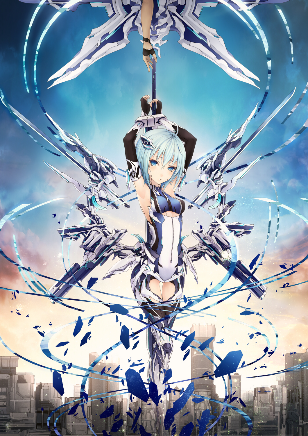 armor armpits arms_up bad_id bad_pixiv_id banned_artist bdsm blue_eyes blue_hair blue_sky bodysuit bondage bound bound_wrists city cityscape floating hair_ornament hairclip highres kyoeiki lance looking_at_viewer mecha_musume original outdoors polearm sky sword weapon wings