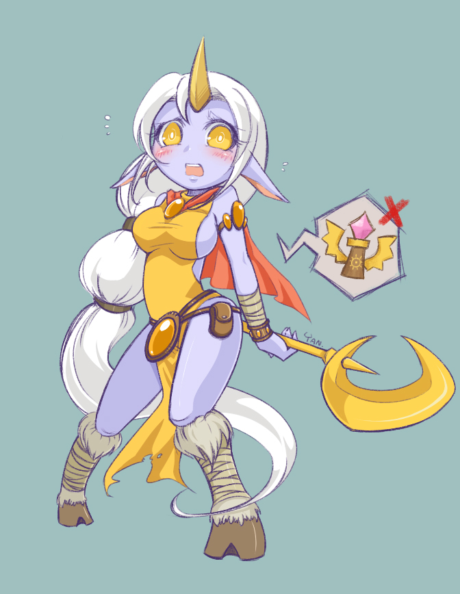 blue_skin blush hooves horn league_of_legends long_hair open_mouth pointy_ears ponytail solo soraka staff very_long_hair yan531 yellow_eyes