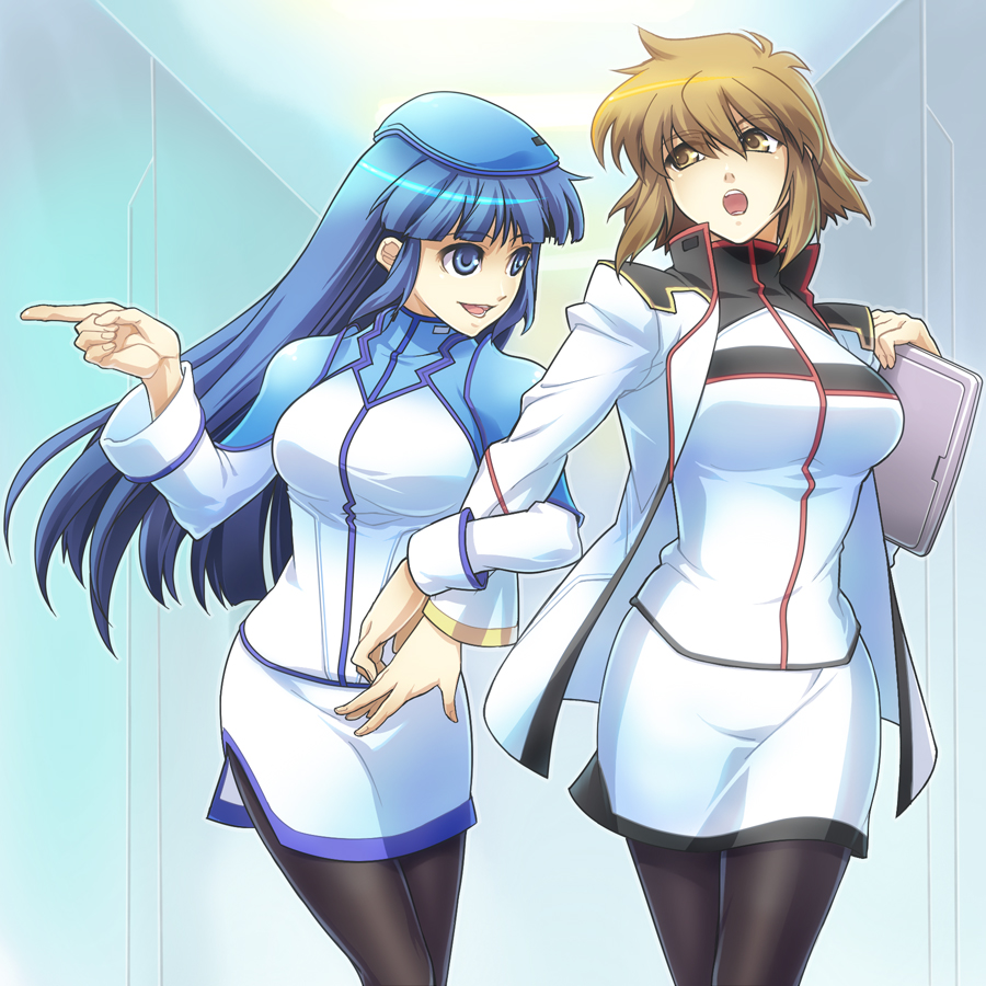 arm_holding baraduke black_legwear blue_eyes blue_hair brown_eyes brown_hair burning_force crossover hallway hat hime_cut hpa_(foolish_factory) jacket long_hair military military_uniform multiple_girls namco namco_x_capcom pantyhose pointing science_fiction tablet tengenji_hiromi toby_masuyo uniform