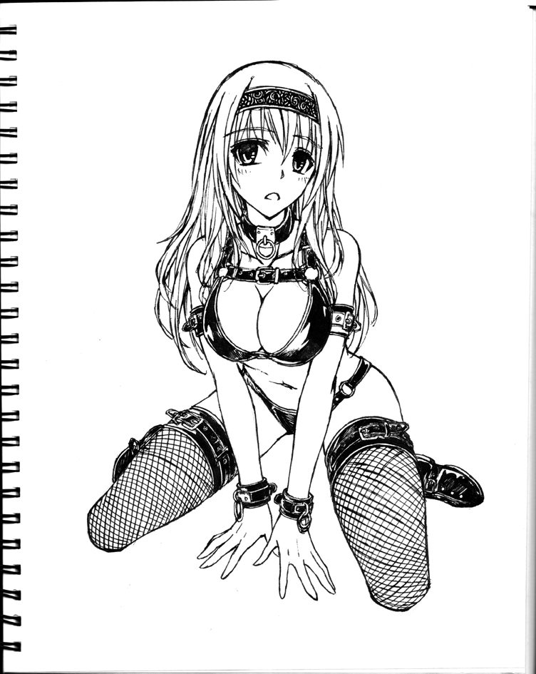 bdsm bondage bound breasts cleavage collar cuffs fish.boy fishnets harness long_hair monochrome solo thighhighs
