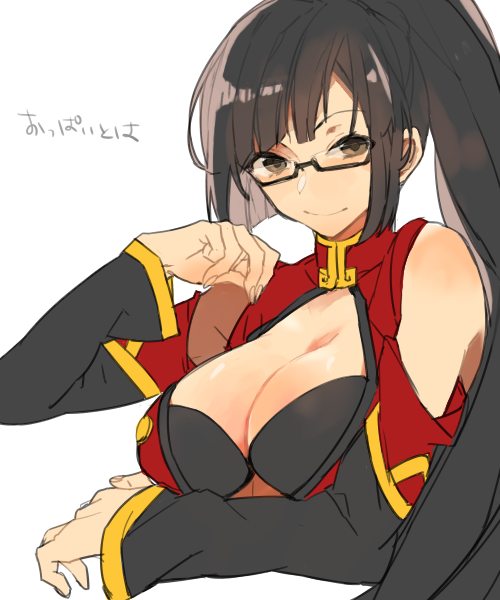 bare_shoulders black_eyes black_hair blazblue breasts cleavage cleavage_cutout glasses hita_(hitapita) large_breasts litchi_faye_ling open_clothes ponytail solo white_background