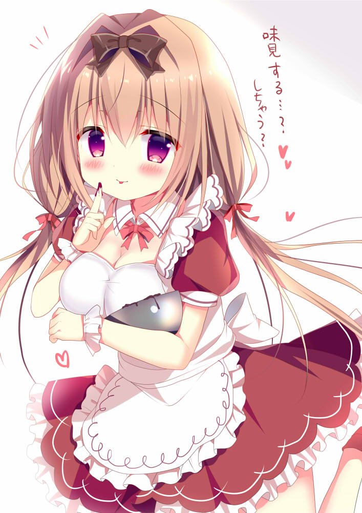1girl :p apron azumi_kazuki bangs blush bow breasts brown_bow chocolate_on_fingers cleavage closed_mouth collar commentary_request detached_collar dress eyebrows_visible_through_hair food_on_finger frilled_apron frilled_dress frills hair_between_eyes hair_bow hair_intakes heart index_finger_raised light_brown_hair long_hair looking_at_viewer low_twintails medium_breasts mixing_bowl original puffy_short_sleeves puffy_sleeves red_bow red_dress red_eyes short_sleeves smile solo standing standing_on_one_leg tongue tongue_out translation_request twintails very_long_hair white_apron white_collar wing_collar wrist_cuffs