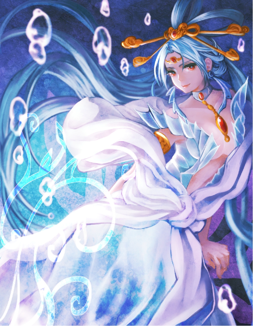armlet armor bare_shoulders blue_hair breasts brooch center_opening choker cleavage collarbone djinn_equip dress earrings elk_(zrkn69) forehead_jewel gem hair_ornament hair_rings hair_stick jewelry large_breasts long_hair looking_at_viewer magi_the_labyrinth_of_magic red_eyes ren_kougyoku shawl smile solo water white_dress