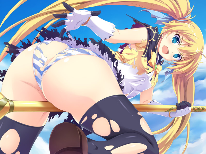 1girl akatoki! amata_maki artist_request blonde_hair blue_eyes character_request escude game_cg kusakami_akira long_hair outdoors panties skirt sky solo source_request thighhighs torn_clothes underwear