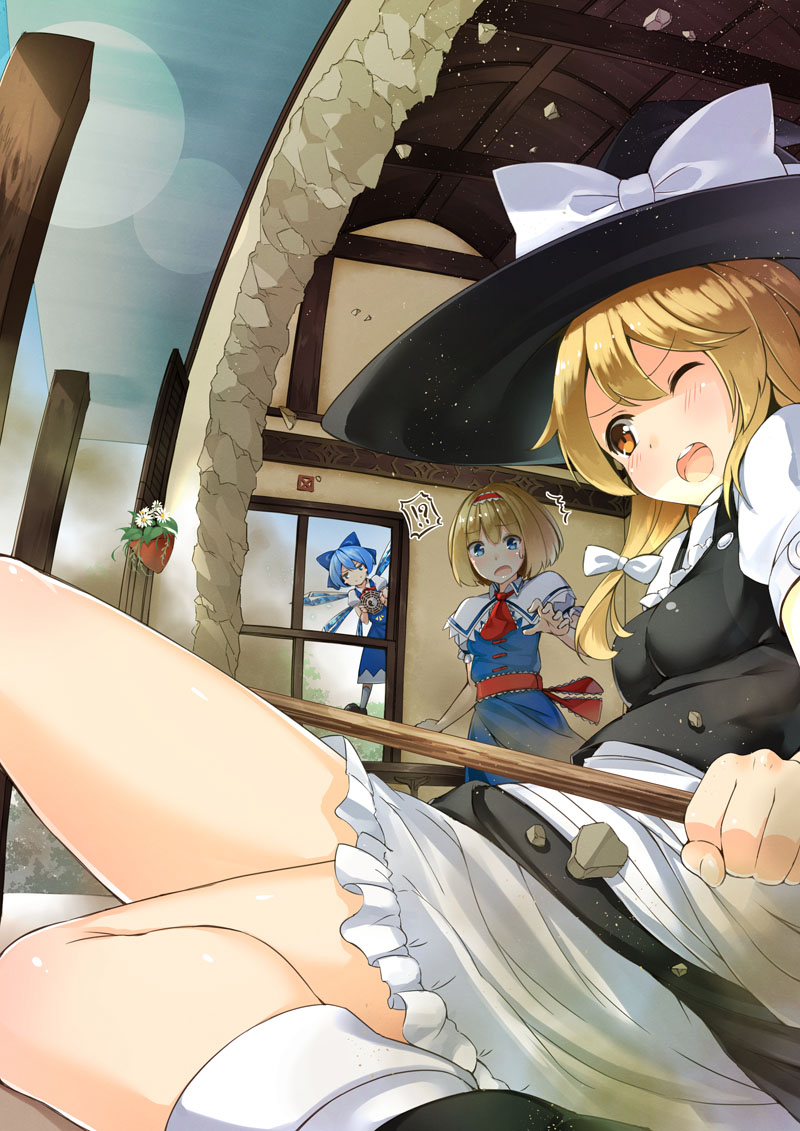 alice_margatroid ascot blonde_hair blue_eyes blue_hair blush bow capelet cirno dress flower hair_bow hairband hat kirisame_marisa long_hair multiple_girls one_eye_closed open_mouth pyz_(cath_x_tech) short_hair touhou wings witch_hat yellow_eyes