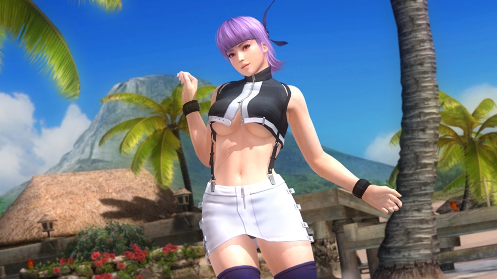1girl 3d ayane ayane_(doa) beach breasts dead_or_alive dead_or_alive_5 large_breasts midriff official_art palm_tree panties purple_hair solo tecmo tree underboob underwear