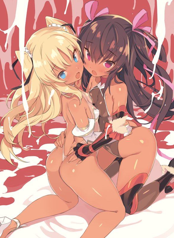 2girls ass bare_shoulders blade_(galaxist) blonde_hair blue_eyes blush boots breast_press breast_squeeze breasts brown_hair commentary_request cum curvy dark_skin elbow_gloves erect_nipples futaba_lili_ramses gloves hair_ribbon highleg highleg_leotard hug kneeling leotard long_hair looking_at_viewer mizuki_yukikaze multiple_girls open_mouth ribbon shiny shiny_hair shiny_skin skin_tight skirt small_breasts suggestive_fluid taimanin_(series) taimanin_yukikaze tan tentacle_and_witches thighhighs thong_leotard twintails two_side_up very_long_hair