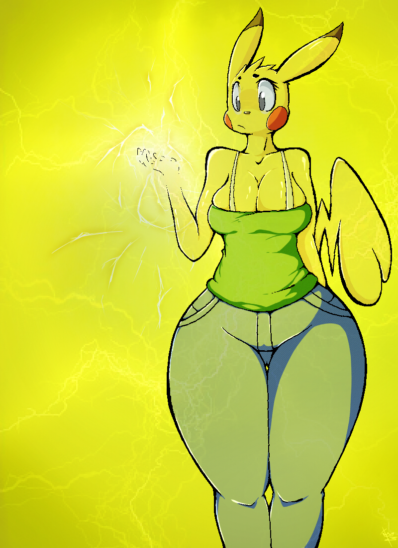 :| anthro breasts clothing electricity female invalid_tag jeans mammal mouse nintendo pikachu plain_background pok&#233;mon pok&eacute;mon rodent solo video_games wide_hips xingscourge yellow_background yellow_body