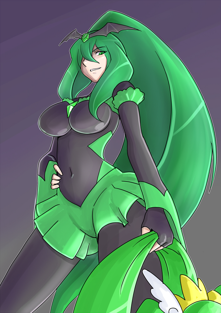 bad_end_march bad_end_precure bakusai black_bodysuit bodysuit breasts covered_navel cure_march dual_persona fingerless_gloves gloves green_eyes green_hair green_skirt grey_background grin hair_grab hand_on_hip head_out_of_frame large_breasts long_hair midorikawa_nao multiple_girls ponytail precure skirt smile smile_precure! solo_focus tiara victory_pose