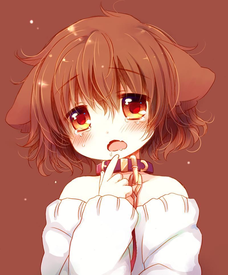 1girl animal_ears bangs bare_shoulders blush brown_background brown_collar brown_hair check_commentary collarbone commentary_request dog_ears eyebrows_visible_through_hair fangs finger_to_mouth fingernails hair_between_eyes head_tilt leash long_sleeves off-shoulder_sweater open_mouth original red_eyes sakurazawa_izumi short_hair sleeves_past_wrists solo sweater tears upper_body wavy_mouth white_sweater