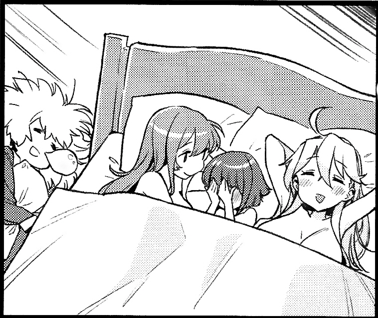 4girls ahoge bed breasts covering_face cropped gambier_bay_(kantai_collection) implied_yuri iowa_(kantai_collection) kantai_collection large_breasts long_hair messy_hair multiple_girls nonco nose_bubble nude ruined_for_marriage saratoga_(kantai_collection) sleeping takanami_(kantai_collection)