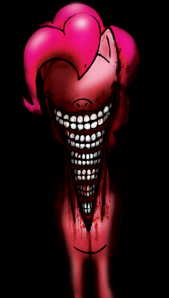 black_background blood equine evil_grin female feral friendship_is_magic fur grotesque hair horror horse long_hair mammal my_little_pony nightmare_fuel open_mouth pink_fur pink_hair pinkie_pie_(mlp) plain_background pony smile solo standing teeth what