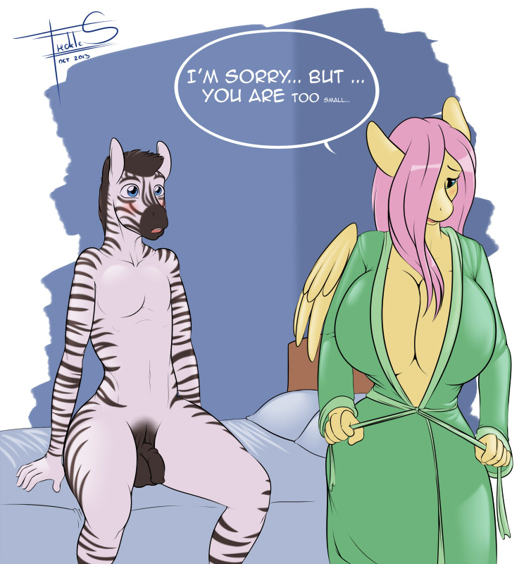 anthro anthrofied balls bed big_breasts black_penis blush breasts cleavage clothed clothing equine female flaccid fluttershy_(mlp) freckles_(artist) friendship_is_magic hair horse huge_breasts invalid_tag male mammal my_little_pony open_mouth penis pink_hair pony rejected robe text tiny_penis wings zebra
