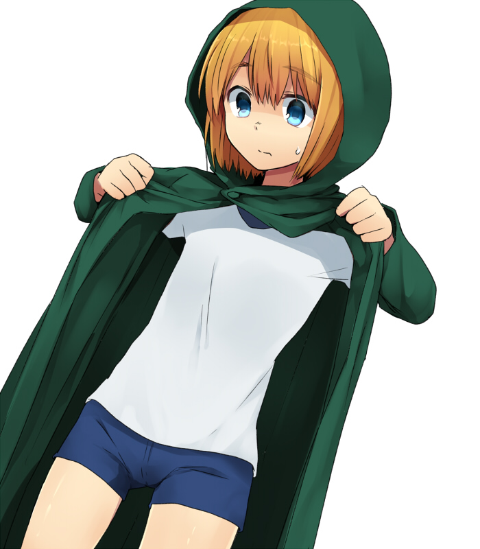 armin_arlert blonde_hair blue_eyes cloak gym_uniform hood hooded_cloak male_focus marimo_danshaku shingeki_no_kyojin short_shorts shorts solo