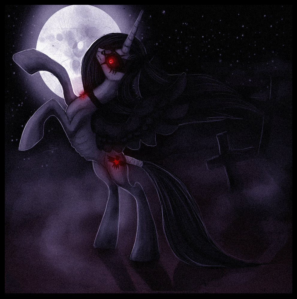 black_sclera choker creepy cross cutie_mark darkness equine female feral friendship_is_magic fur glowing glowing_eyes grey_fur hair horn horse long_hair mammal moon my_little_pony night original_character pentagram pony red_eyes side_view solo standing stars vileraven winged_unicorn wings