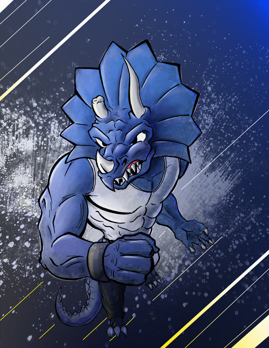 anthro barefoot biceps big_muscles blue_skin bracelet broken_horn claws clothing dinosaur extreme_dinosaurs fangs flexing horn jewelry male muscles pants pecs pose reptile ridleydupree sauropod scales scalie shirt solo spike_(extreme_dinosaurs) standing tank_top teeth toe_claws toned triceratops vein wristband