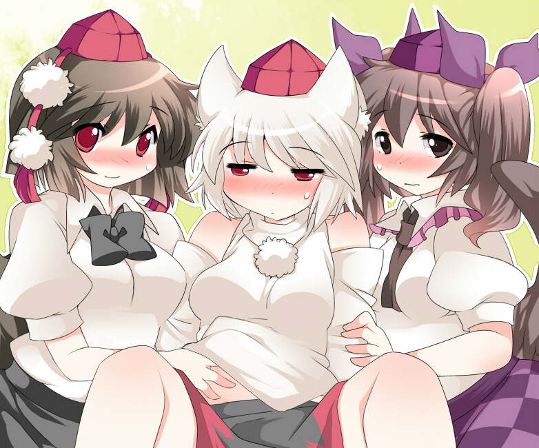 animal_ears bad_id bad_pixiv_id bare_shoulders blush bow breasts brown_eyes brown_hair checkered checkered_skirt commentary_request detached_sleeves dress_shirt hair_ribbon hammer_(sunset_beach) hat himekaidou_hatate inubashiri_momiji long_hair looking_at_viewer medium_breasts multiple_girls necktie red_eyes ribbon shameimaru_aya shirt shirt_lift short_hair skirt smile tokin_hat touhou twintails wavy_mouth white_hair wings wolf_ears