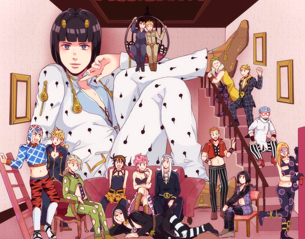 bad_id bad_pixiv_id black_hair bob_cut bruno_buccellati formaggio gelato ghiaccio giant giorno_giovanna guido_mista illuso jojo_no_kimyou_na_bouken kisaki_nana leone_abbacchio melone multiple_boys narancia_ghirga pannacotta_fugo pesci prosciutto risotto_nero sorbet stairs trish_una zipper