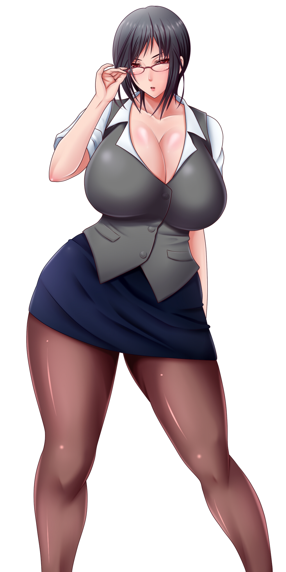 bad_id bad_pixiv_id black_hair blush breasts cleavage dress_shirt glasses highres huge_breasts looking_at_viewer office_lady open_mouth original pantyhose pencil_skirt red_eyes saogokushi shirt short_hair simple_background skirt solo vest wide_hips